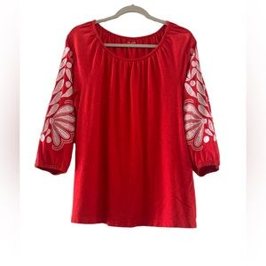 GUC Talbots Embroidered Puffy Sleeves Red & White Top. Women’s Size: L